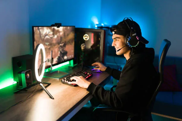 A streamer broadcasting a game from a home setup