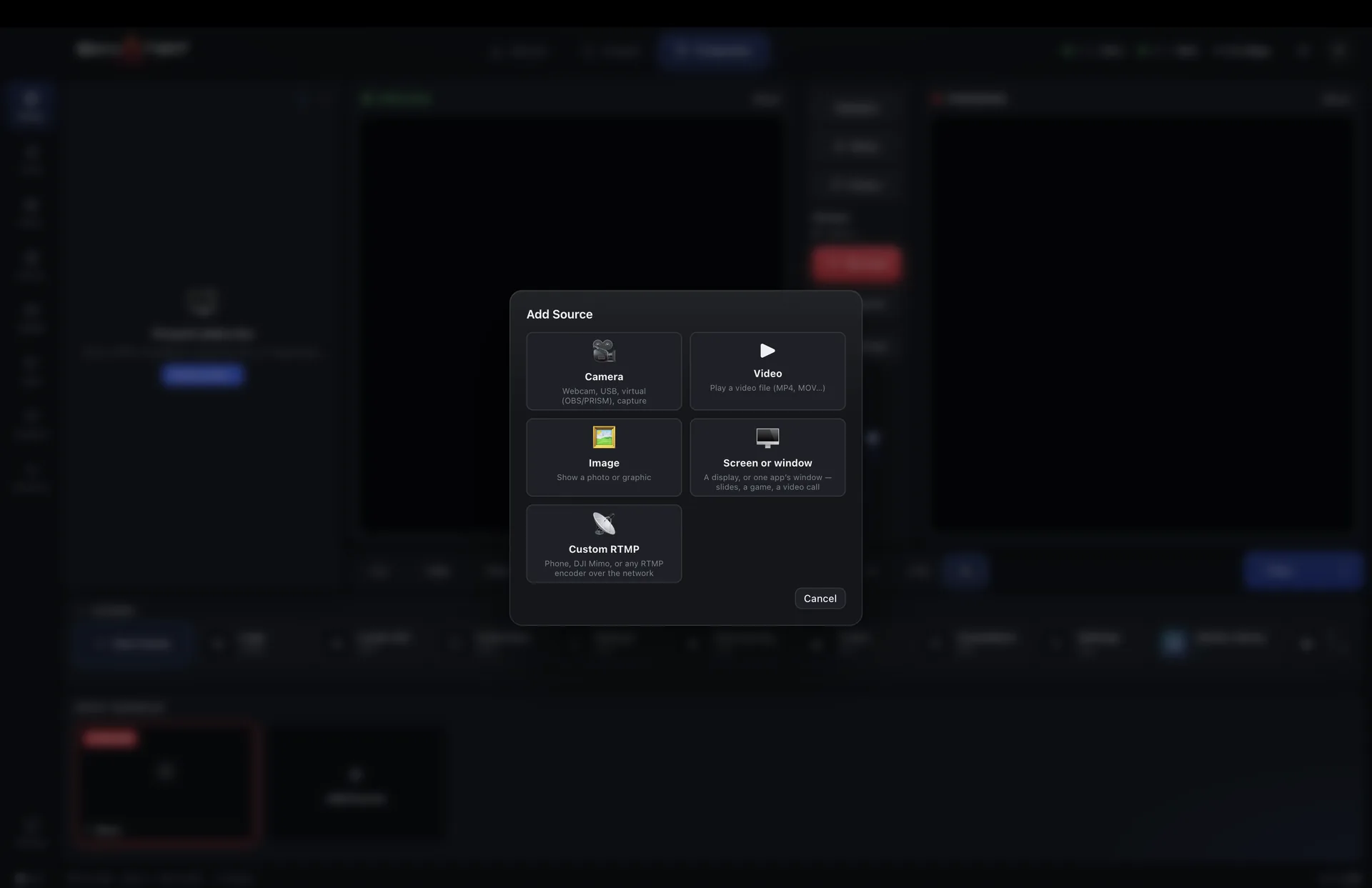 Adding a source — camera, video, image, screen, playlist or RTMP