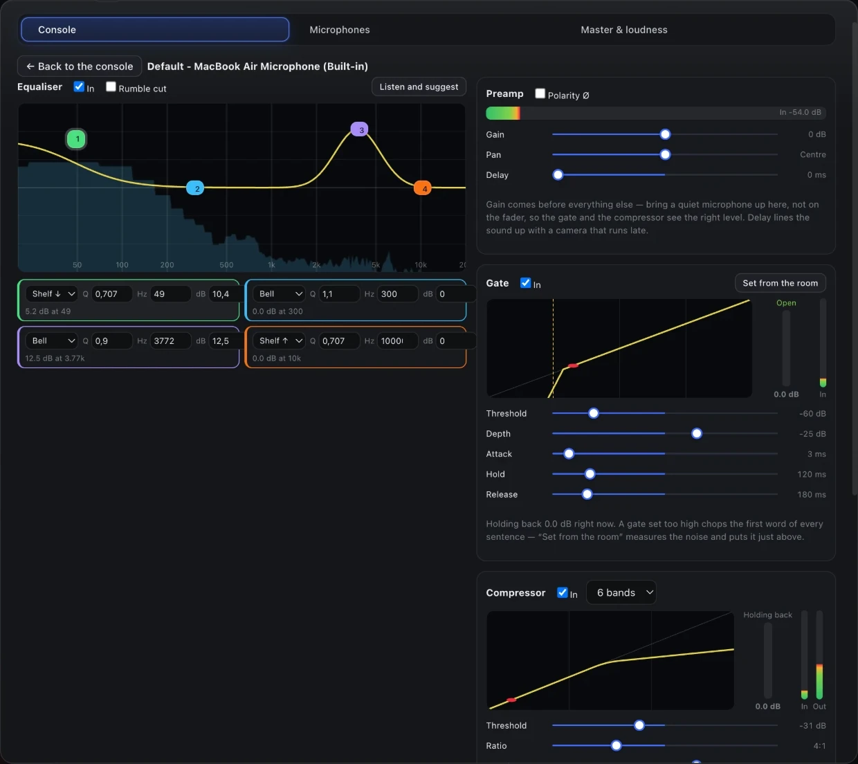 A channel's equaliser drawn over its live spectrum, beside the preamp, gate and compressor