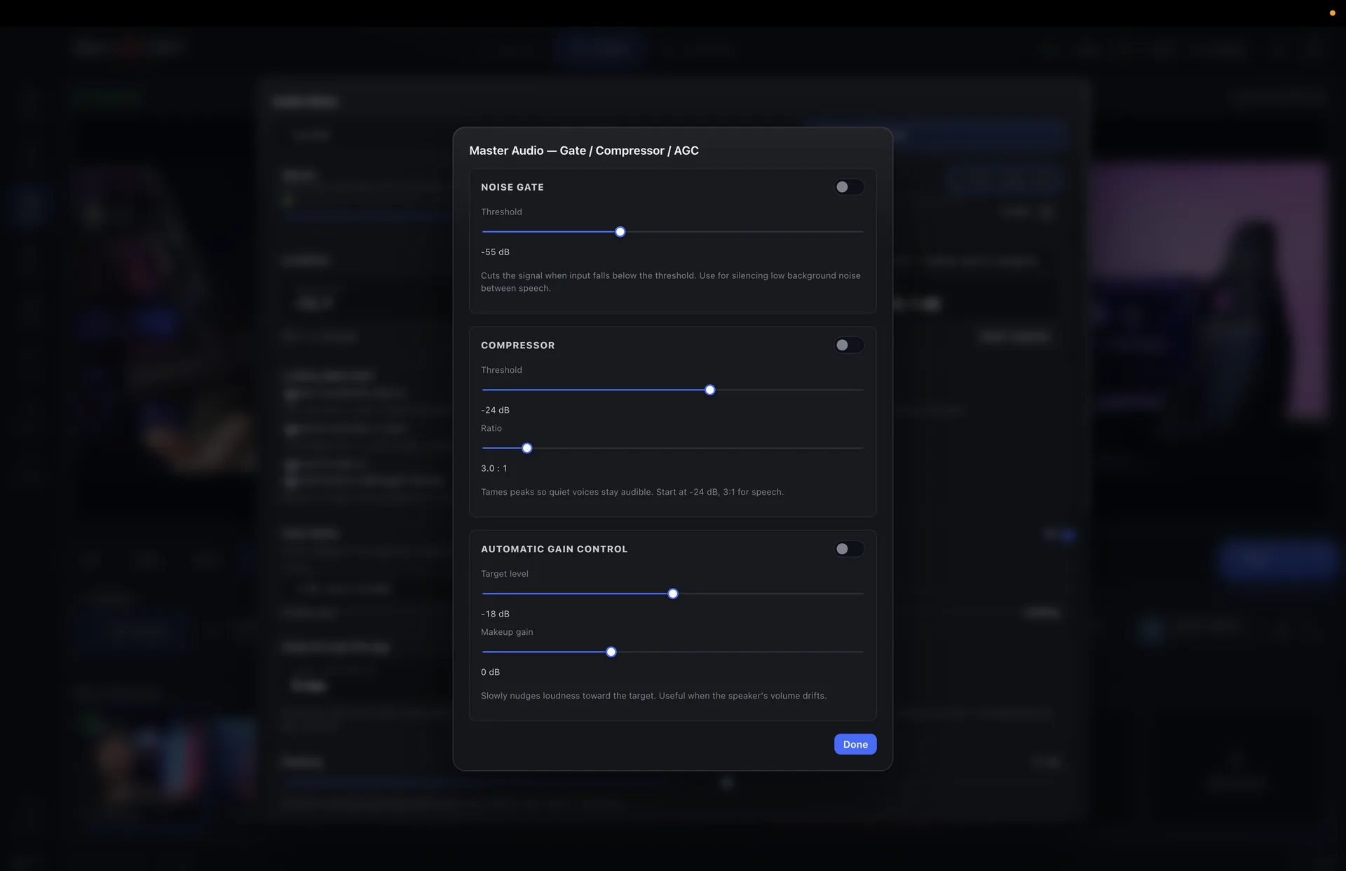 Master audio processing — noise gate, compressor and automatic gain control