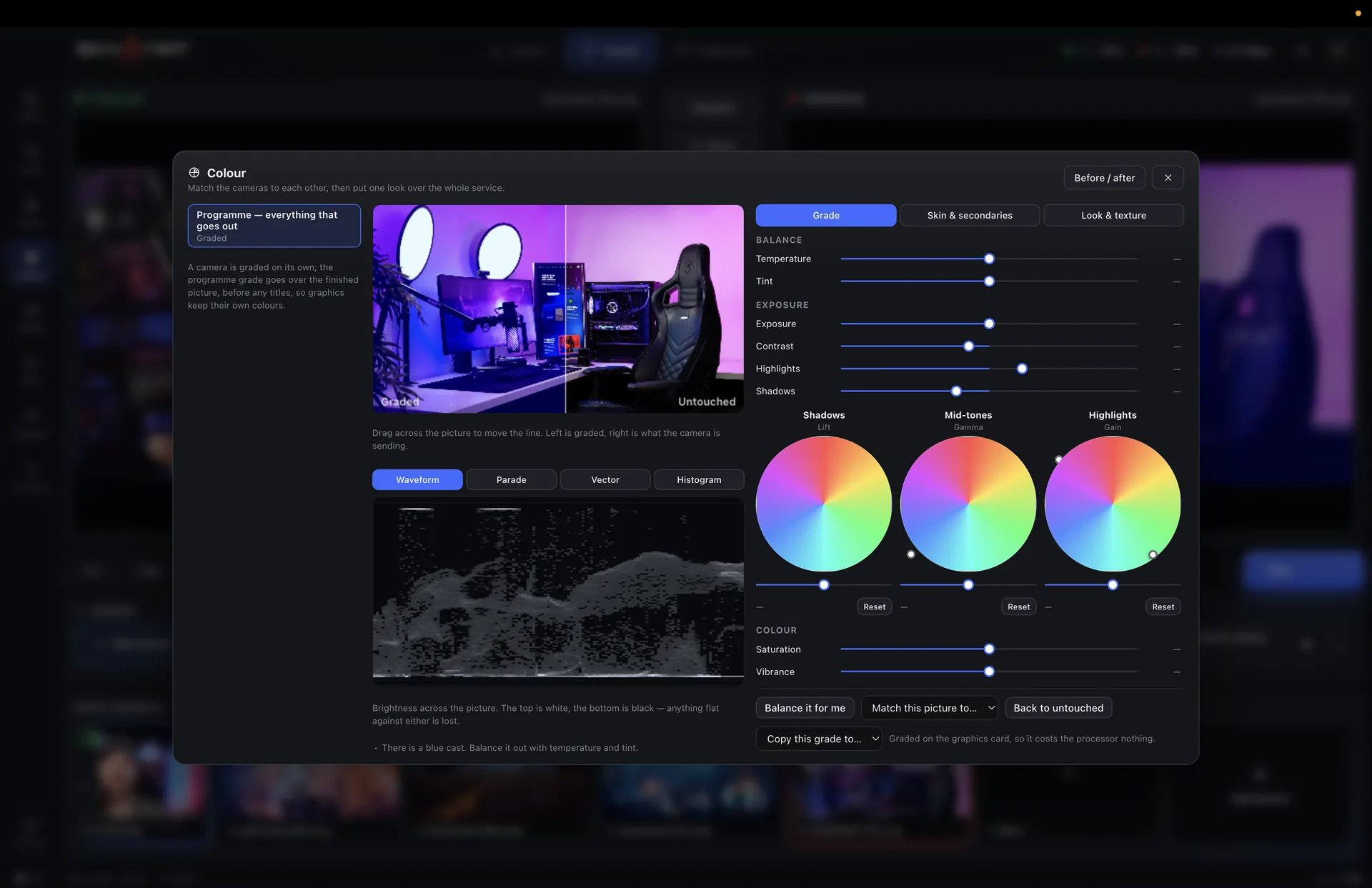 The colour room with three-way wheels, a waveform and a before-and-after view