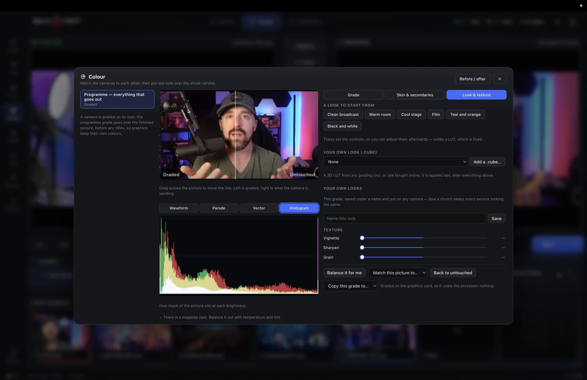 Waveform, parade, vectorscope and histogram