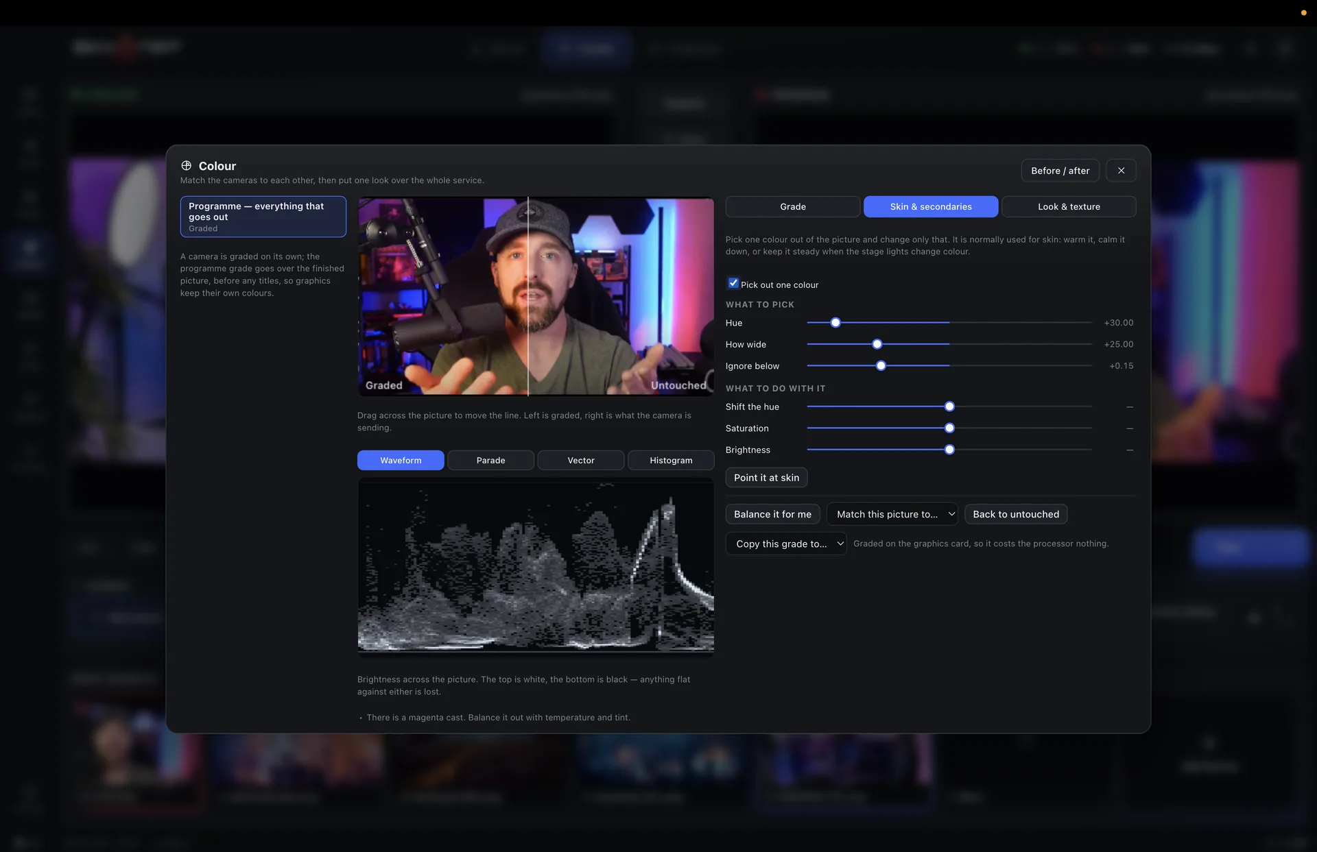 Secondary colour correction with a key preview