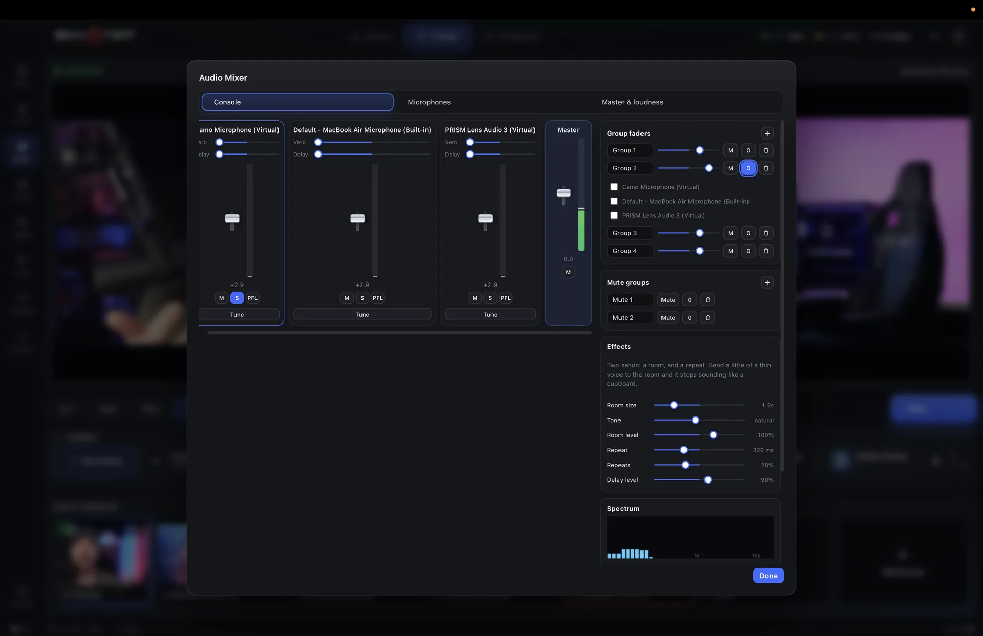 The Skynat Live mixing console with channel faders, groups and effects