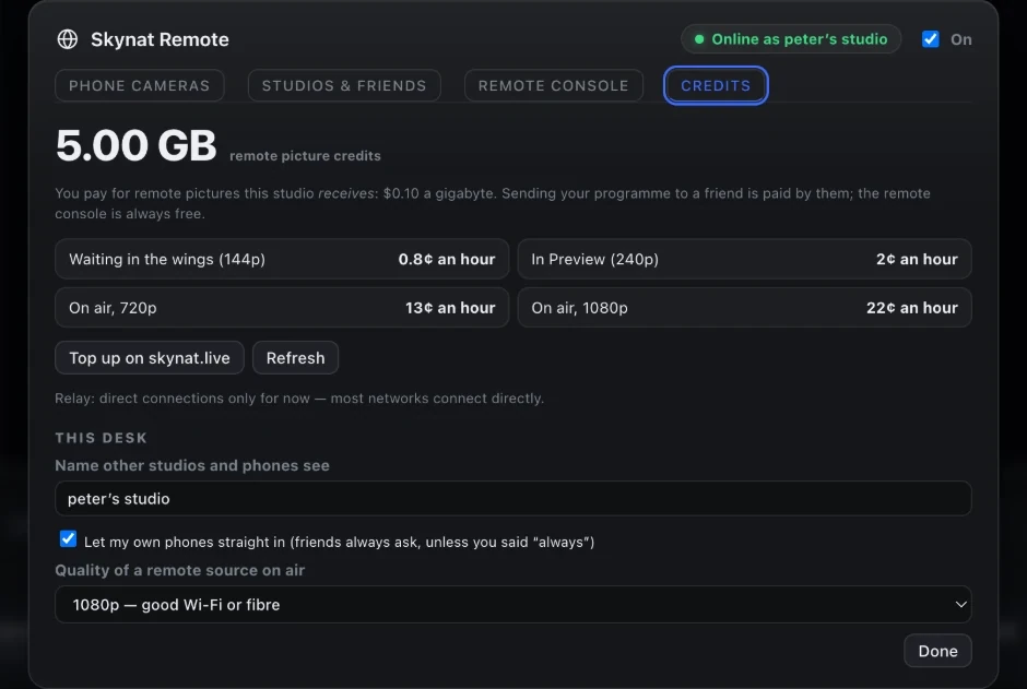 Skynat Remote — credits and what each quality costs