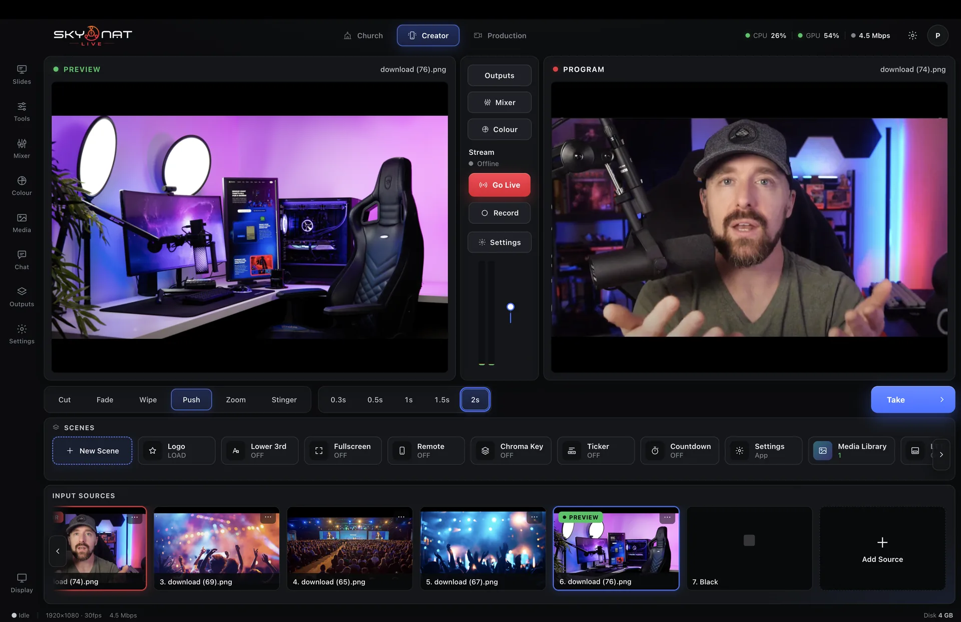 Skynat Live set up for a creator, with a camera and desk scene