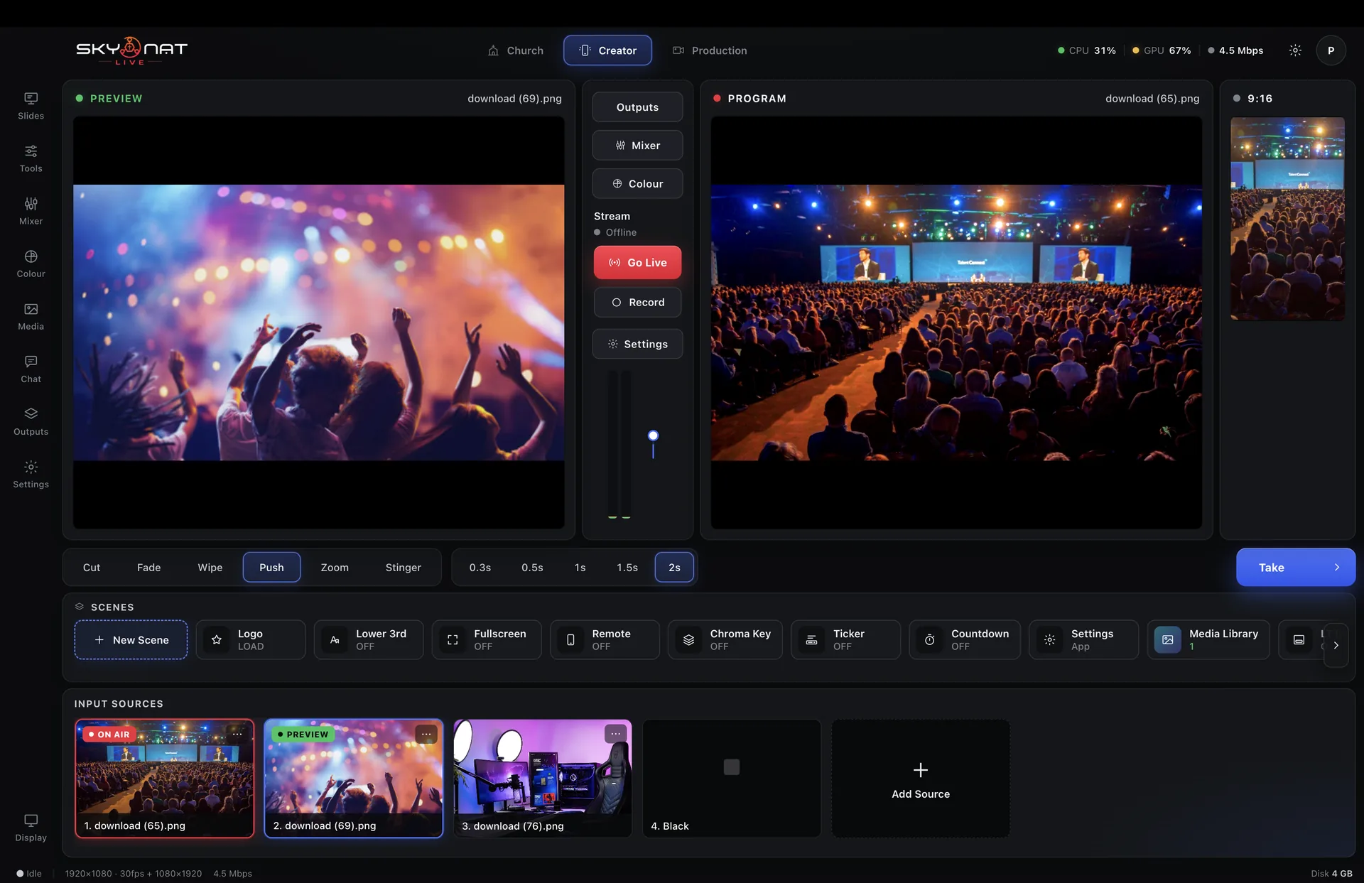 Skynat Live switching a live event, with one camera on Preview and another on Program