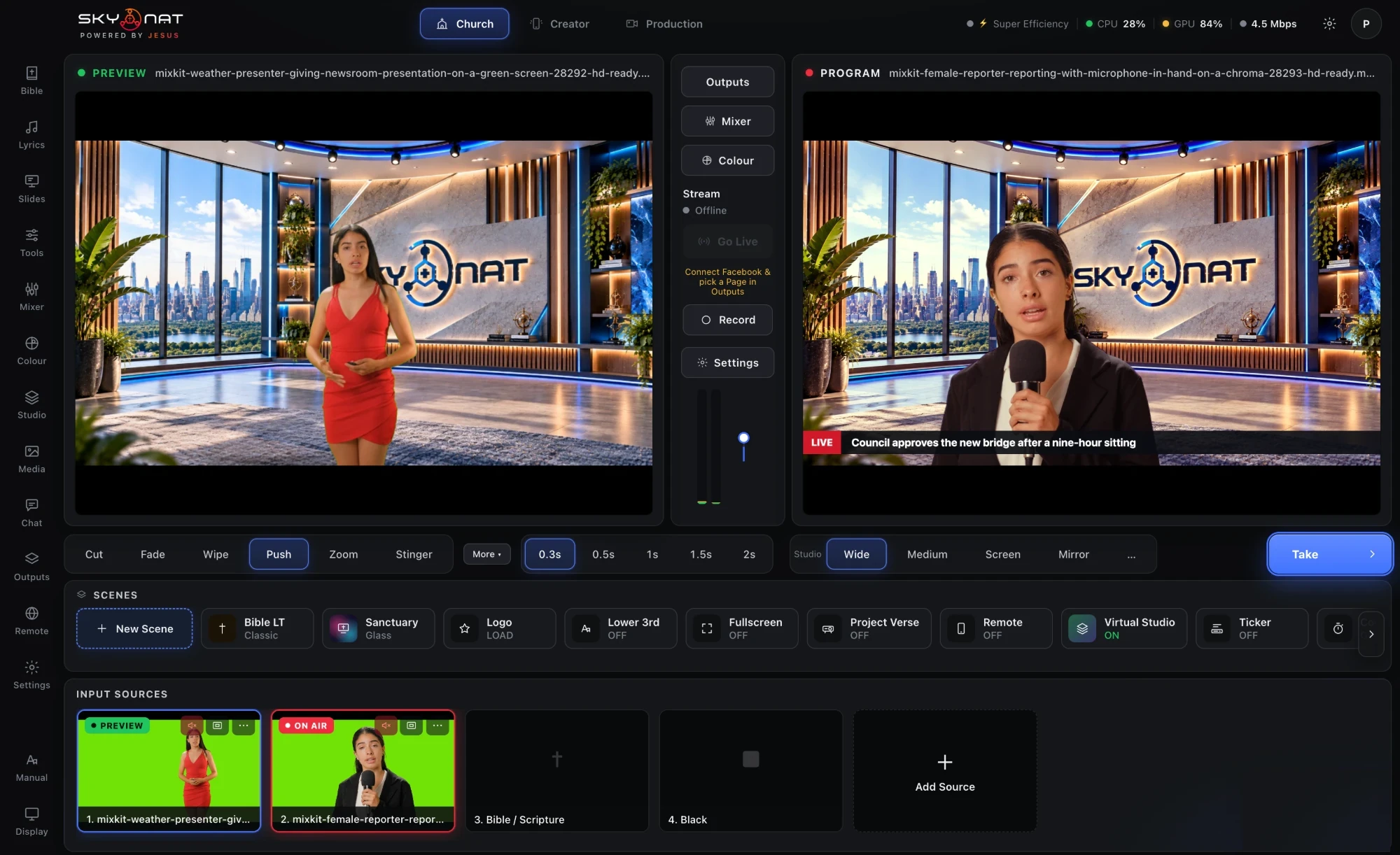Skynat Live keying two green-screen presenters into the Skynat set, one on Preview and one on Program