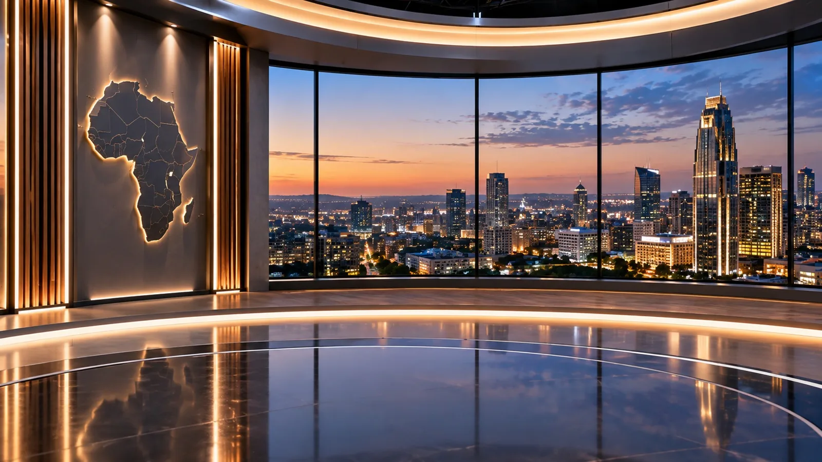 The Skyline Newsroom set: a round stage in front of a curved wall of screens over the city at sunset
