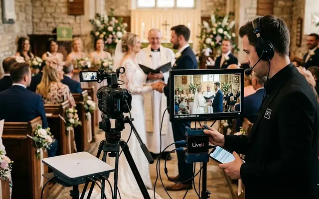 A camera operator streaming a wedding ceremony